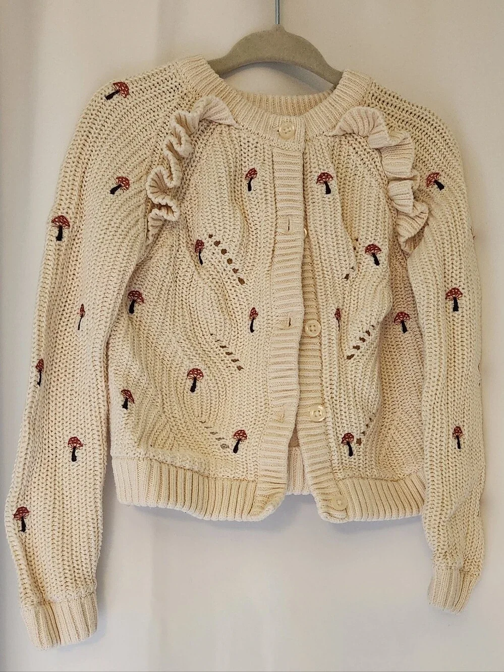 Gymboree Cream Knit Cardigan with Red Mushroom Embroidery